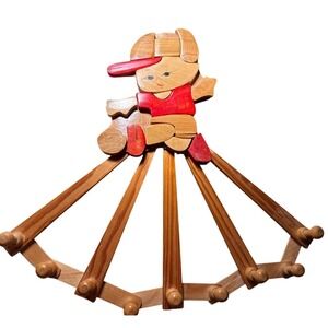 Vintage Wooden Accordion Wall Rack Boy Character Hand Painted 6 Peg Hooks Red